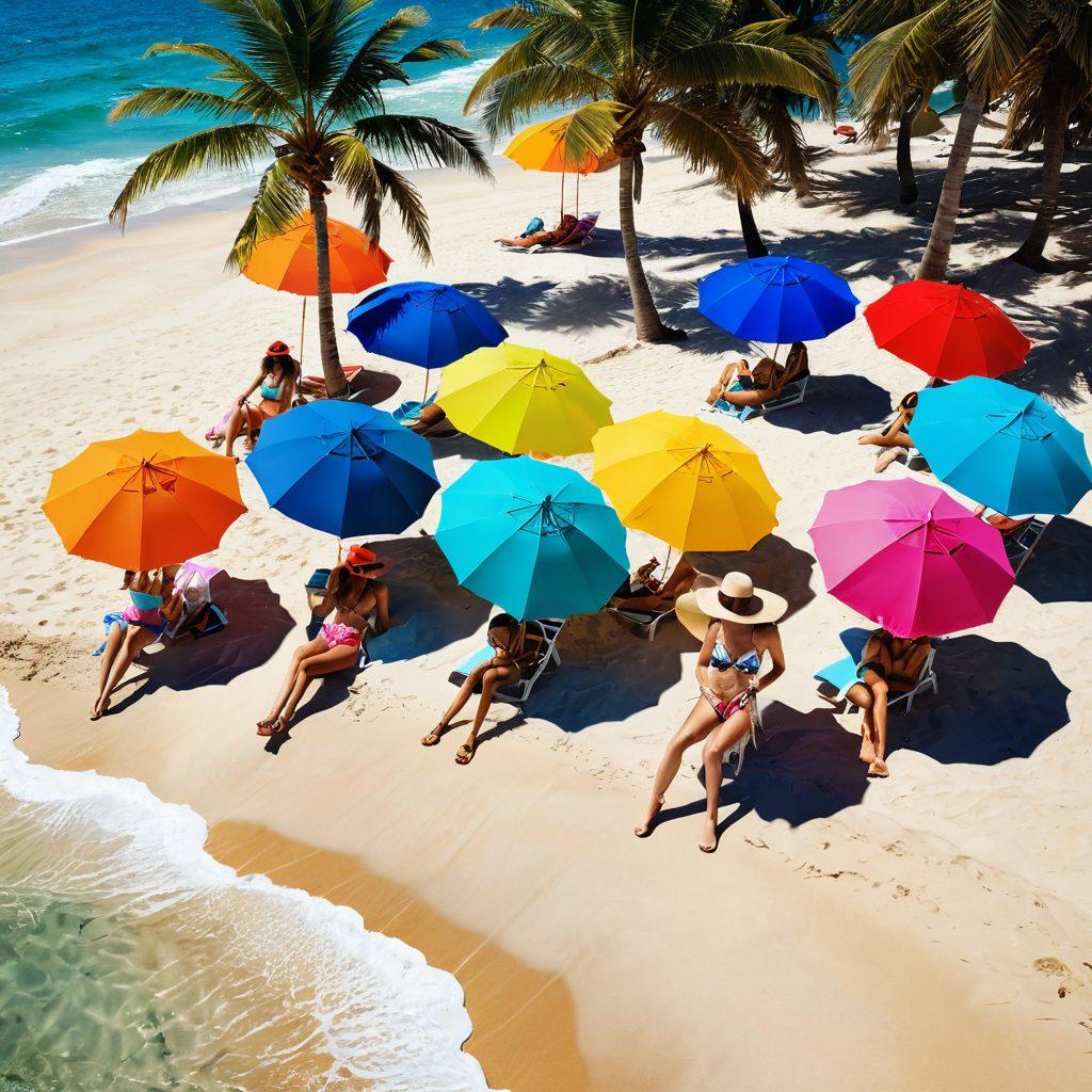 A sun-drenched seaside scene featuring a diverse group of fashionably dressed models showcasing the latest bikini trends, vibrant beach umbrellas, and palm trees swaying in the breeze. The crystal-clear waves crash gently onto the shore, while colorful beach accessories like hats and sunglasses add flair to the scene. The overall atmosphere is lively and inviting, evoking a sense of summer fun and stylish relaxation. vibrant colors. super-realistic.